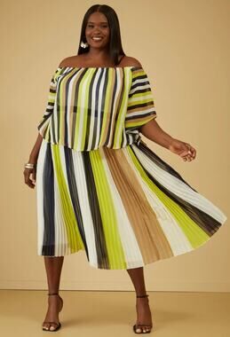 PLUS Size 22/24 3X | Pleated Stripped Chiffon Midi Skirt + Blouse | 2-pc set
